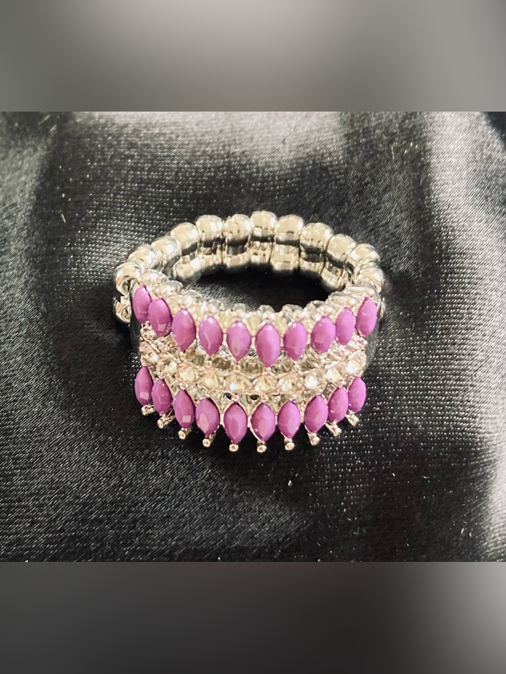 Purple Stone & Crystal Stretch Ring w/ Silver-Tone Accents: Adjustable